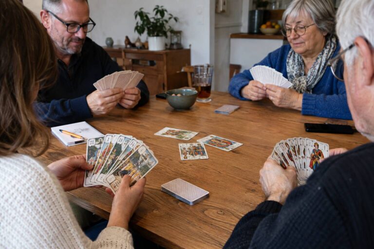 Quatre adultes sont assis autour d'une table et jouent au tarot