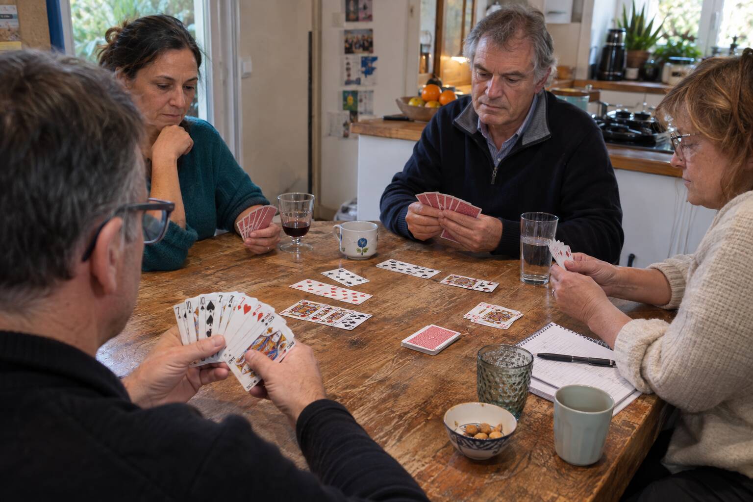 Quatre adultes sont assis autour d'une table en bois et jouent aux cartes