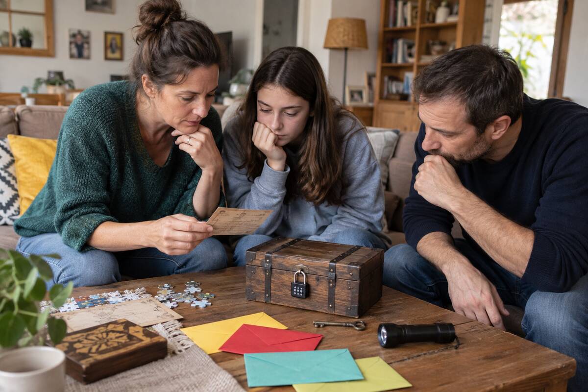 Trois personnes sont assises à une table et regardent attentivement un document.