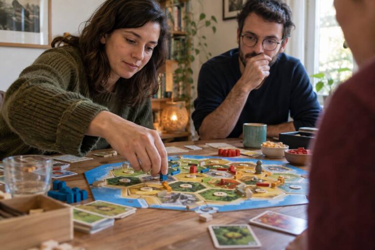 Trois personnes jouent à un jeu de société sur une table en bois