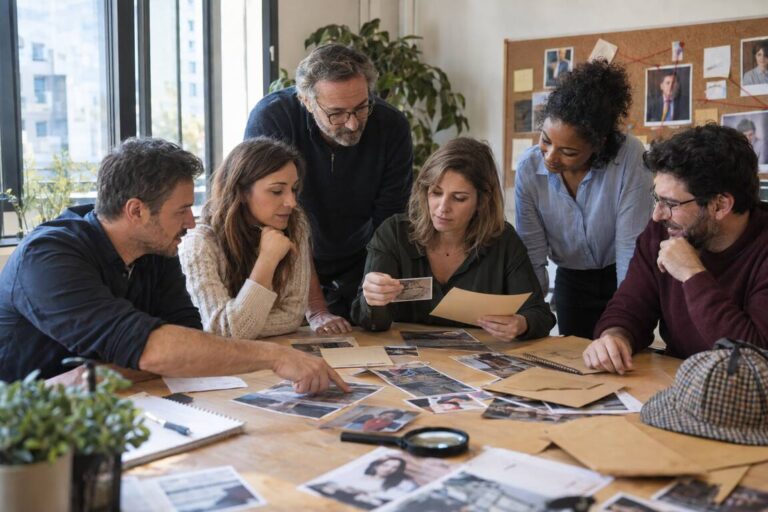 Un groupe de six personnes est assis autour d'une table et examine des photos et des documents.