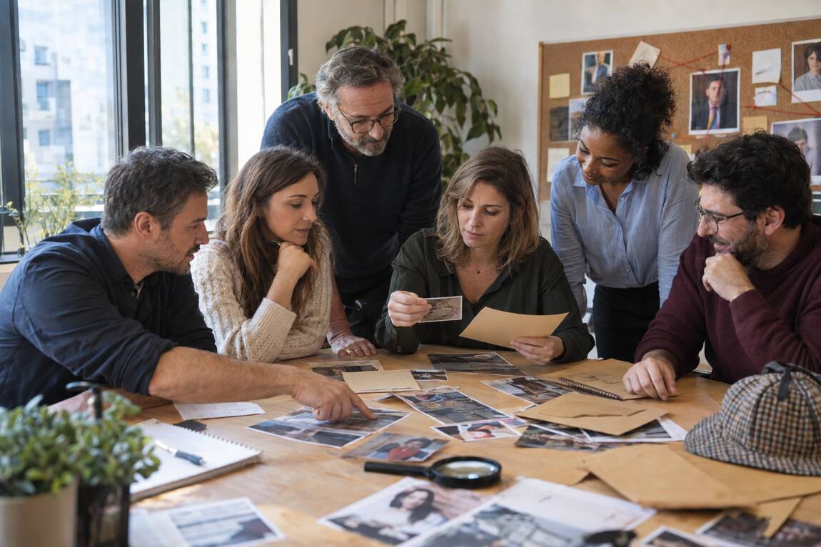 Un groupe de six personnes est assis autour d'une table et examine des photos et des documents.